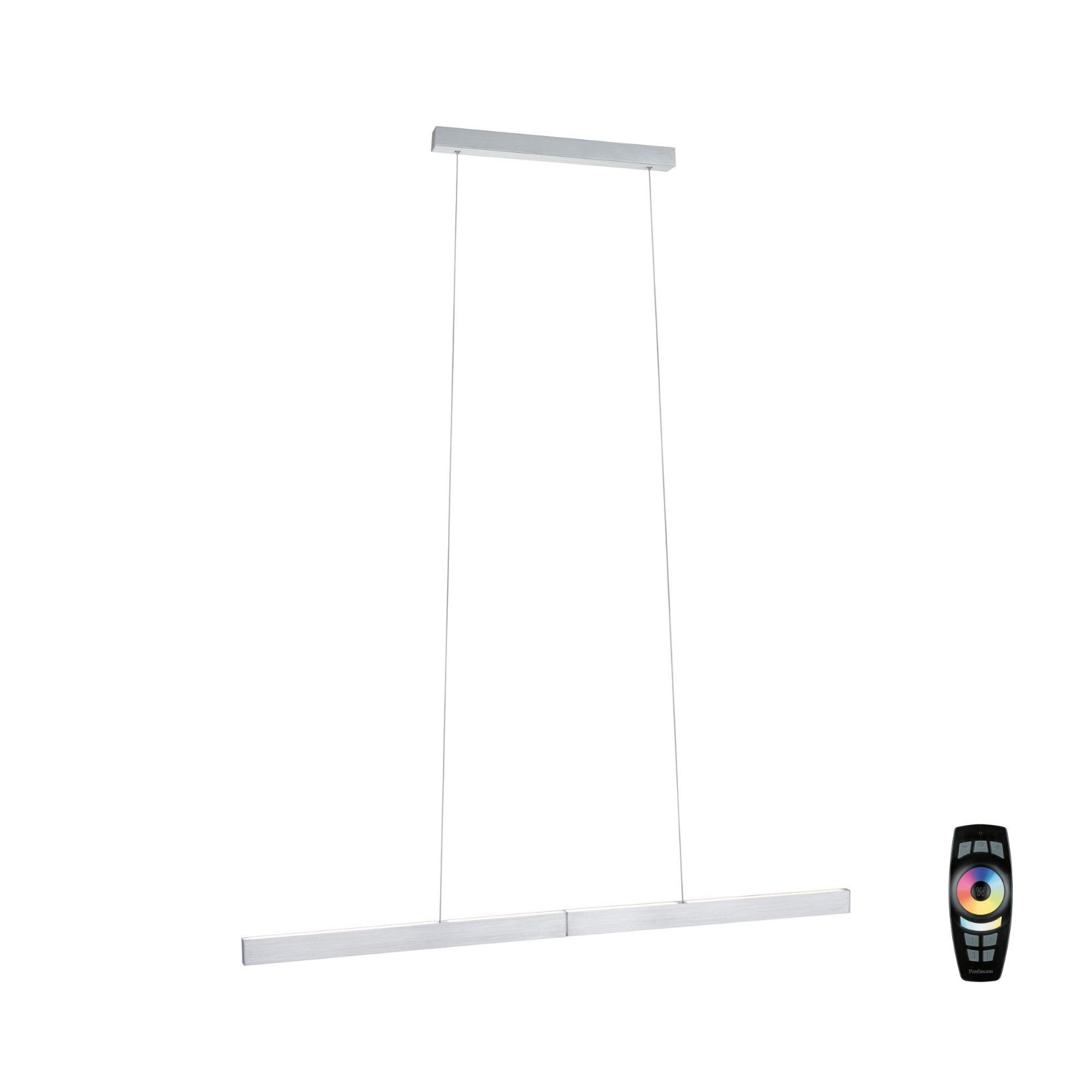 Una moderna lampada a sospensione con una lunga barra luminosa rettangolare. Visibile un telecomando.