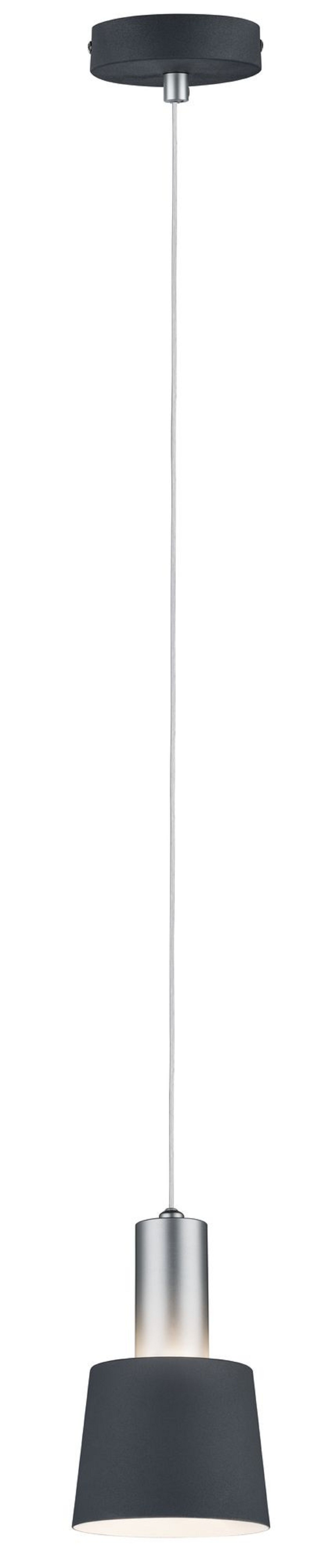 Una lampada a sospensione nera appesa a un soffitto bianco. Ha una base argentata e un paralume a cono.
