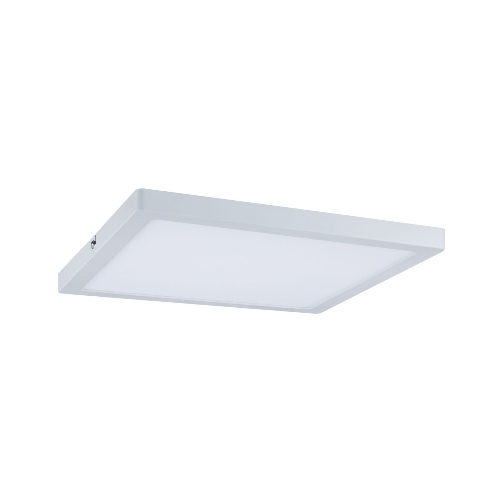 Eine quadratische, weiße Deckenleuchte mit flacher, heller Leuchtfläche.