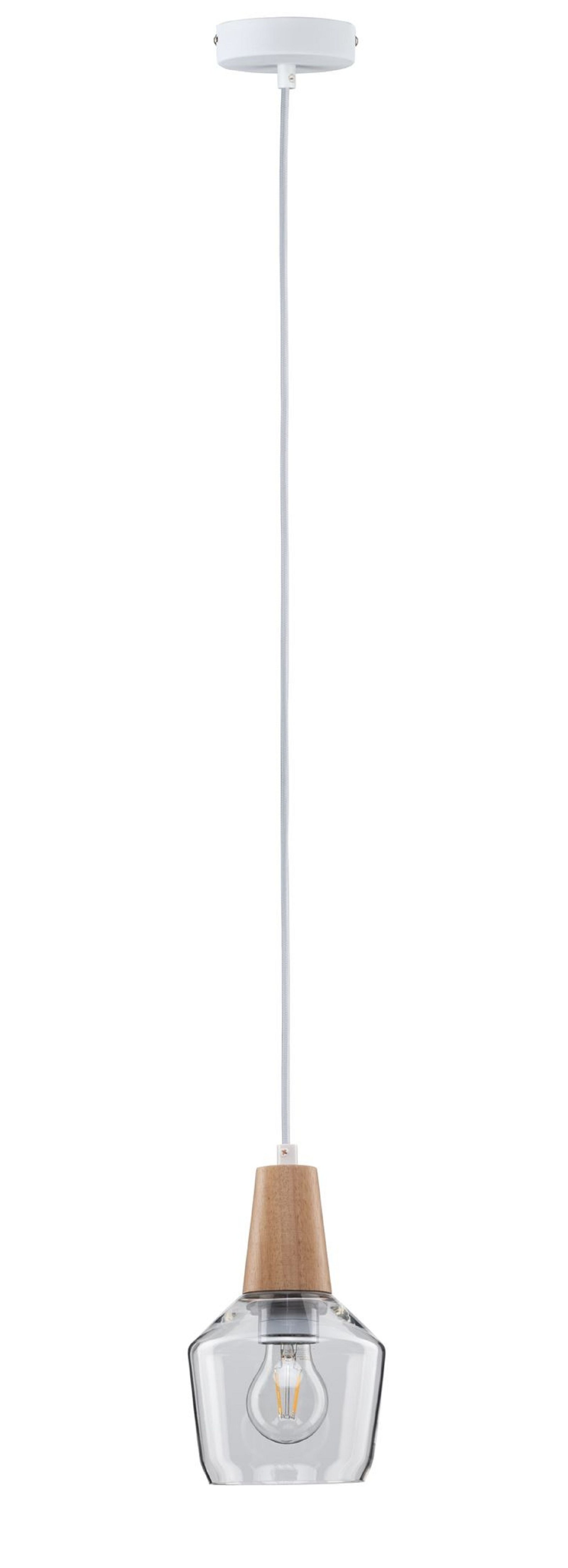 Una lampada a sospensione bianca. Ha una lampadina all'interno di un paralume in vetro e legno, appesa a un filo bianco.