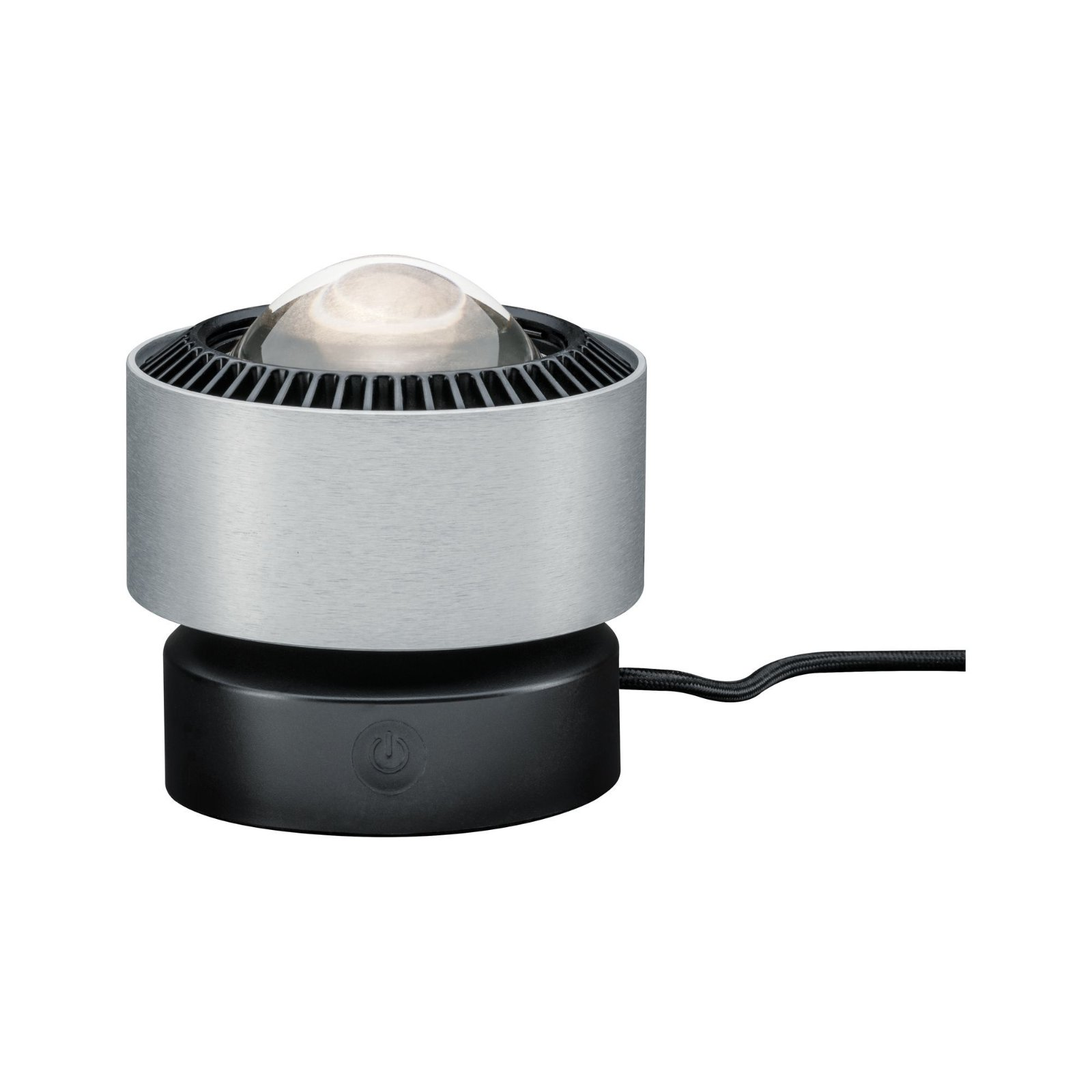 Silber-schwarze Tischlampe mit klarer Kuppel. Ein schwarzes Netzkabel ist angeschlossen.
