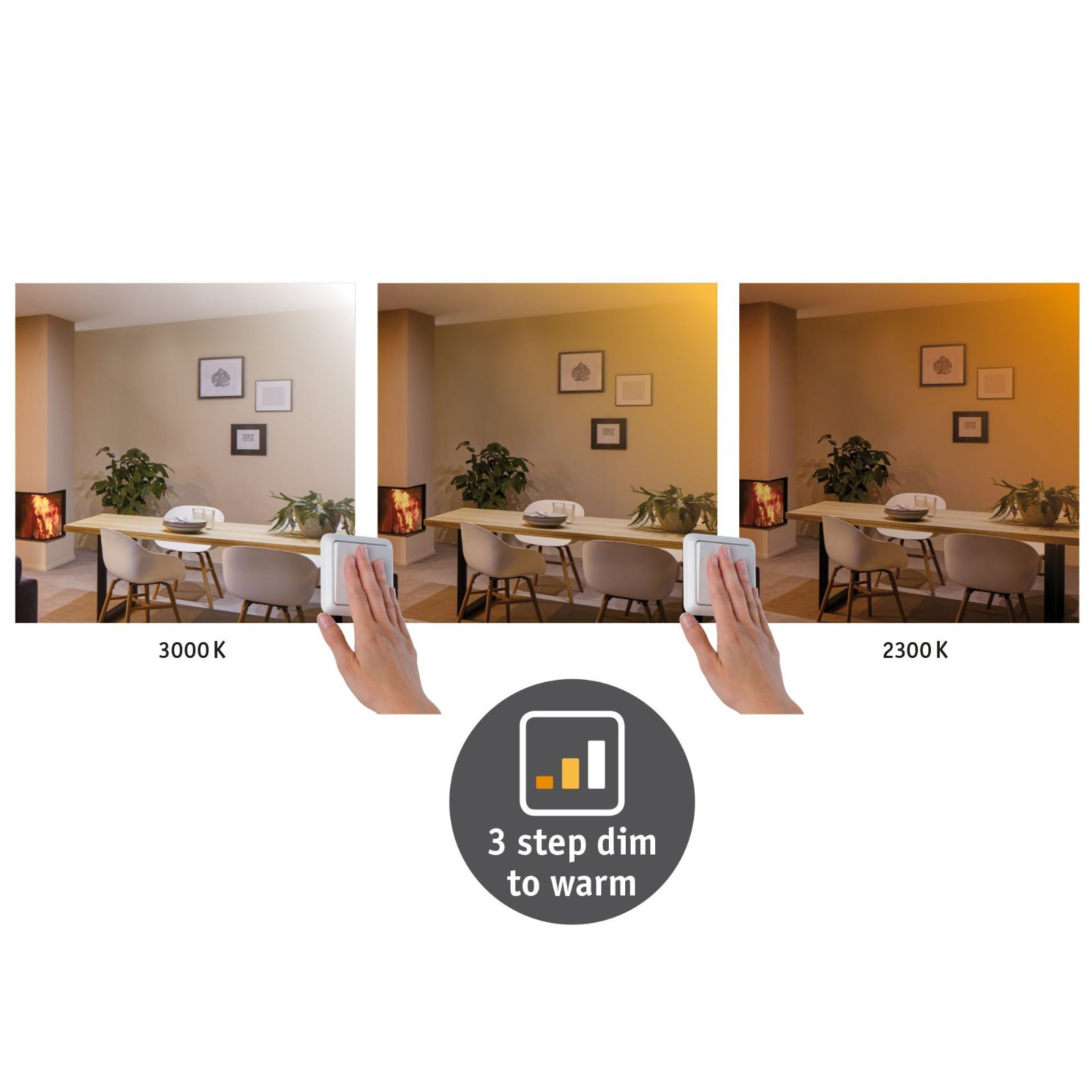 Drei Bilder zeigen einen Raum mit einstellbarer Beleuchtung. Eine Hand berührt die Wand, um das Licht zu ändern.