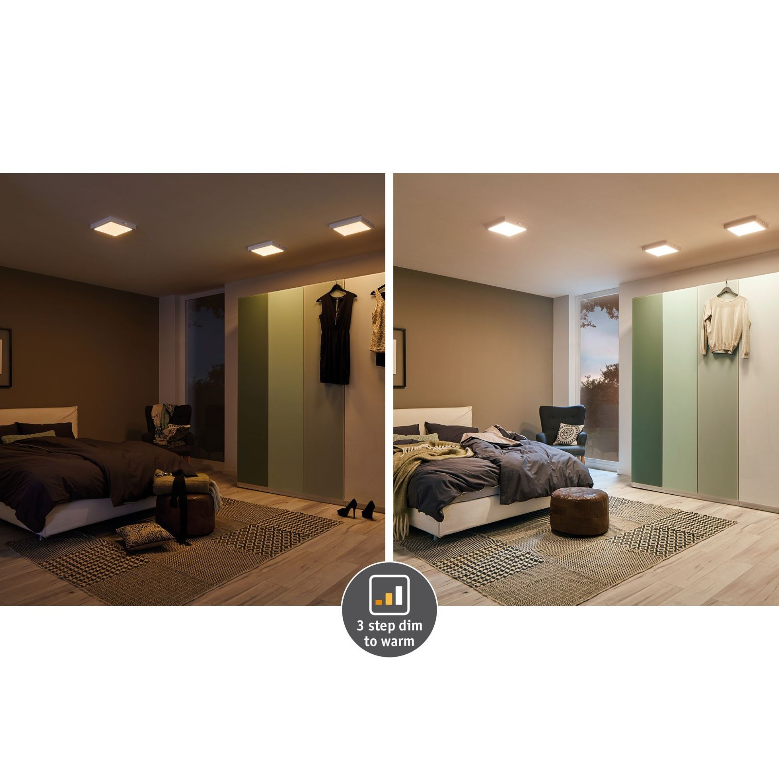 Schlafzimmer-Szene mit zwei Lichteinstellungen, dunkel und hell, mit Bett, Kleiderschrank und Accessoires.