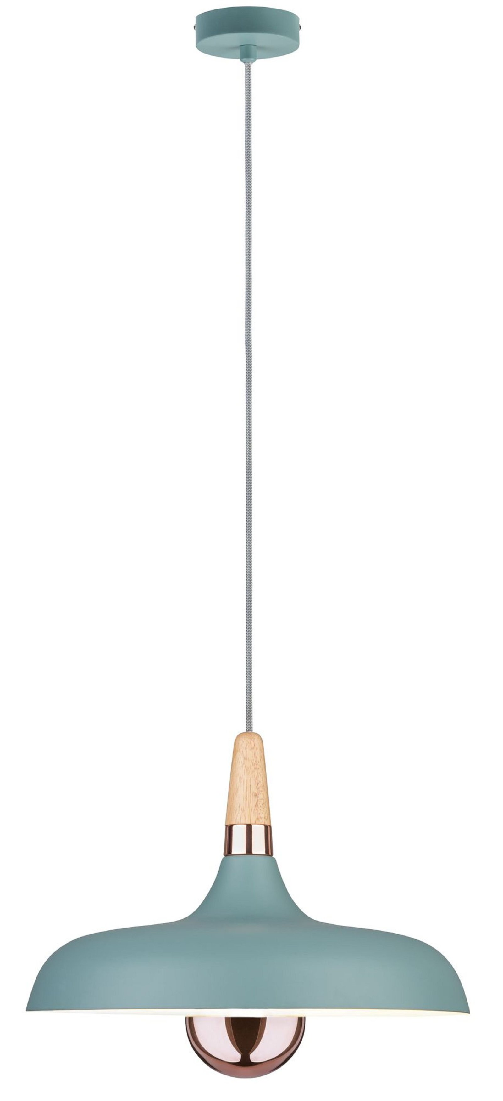 Lampada a sospensione blu-verde con dettagli in legno e rame, su sfondo bianco.