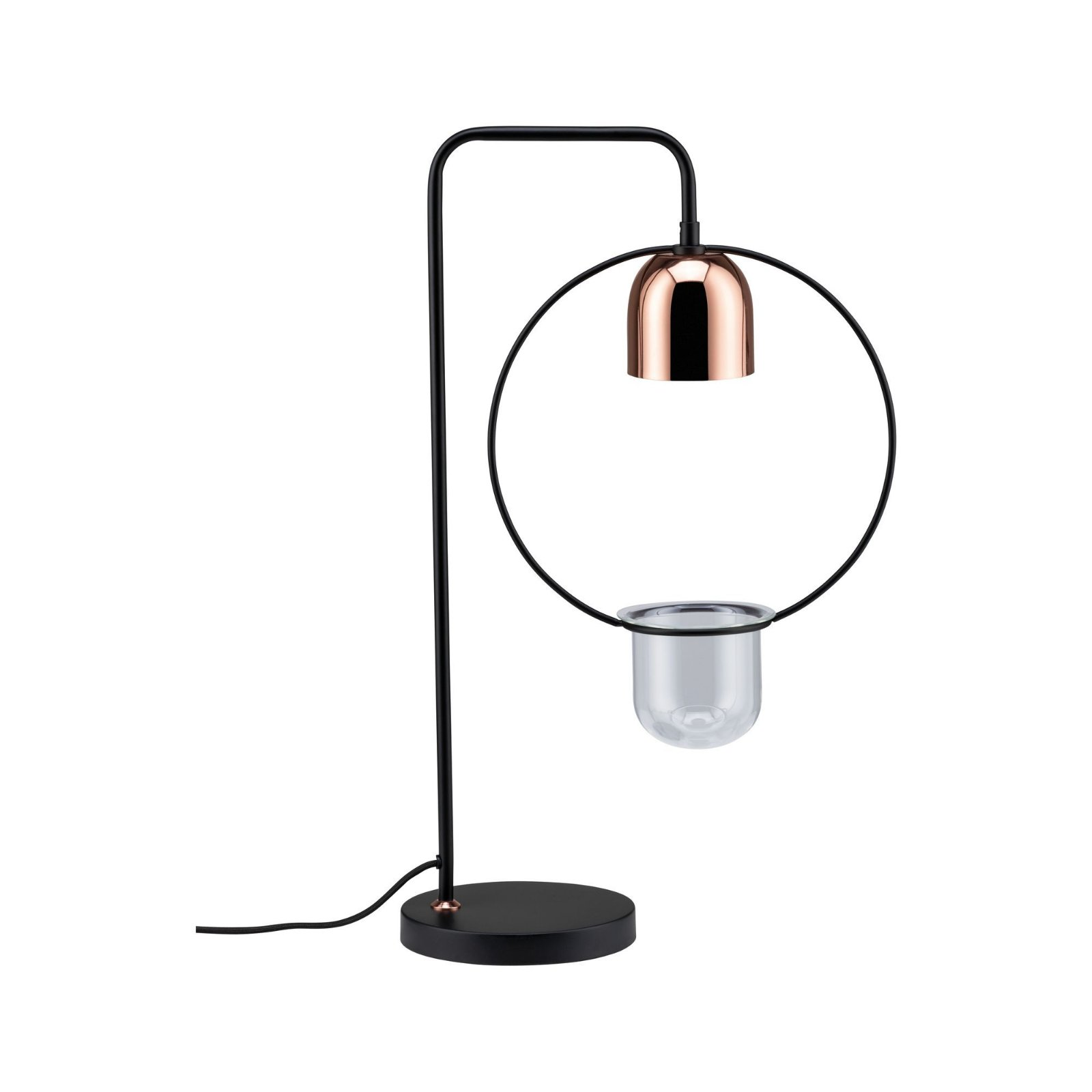 Moderne schwarze Lampe mit kupferfarbenem Oberteil und klarer Glasvase. Weißer Hintergrund.