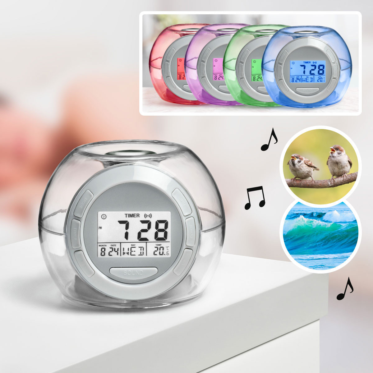 Un despertador esférico transparente, mostrando la hora y opciones de sonido, con otros relojes y naturaleza.
