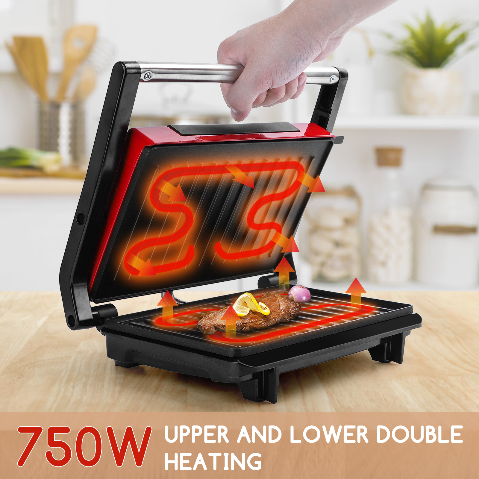 Ein Sandwichmaker mit Steak. Die Heizelemente sind dargestellt, der Text zeigt 750W.