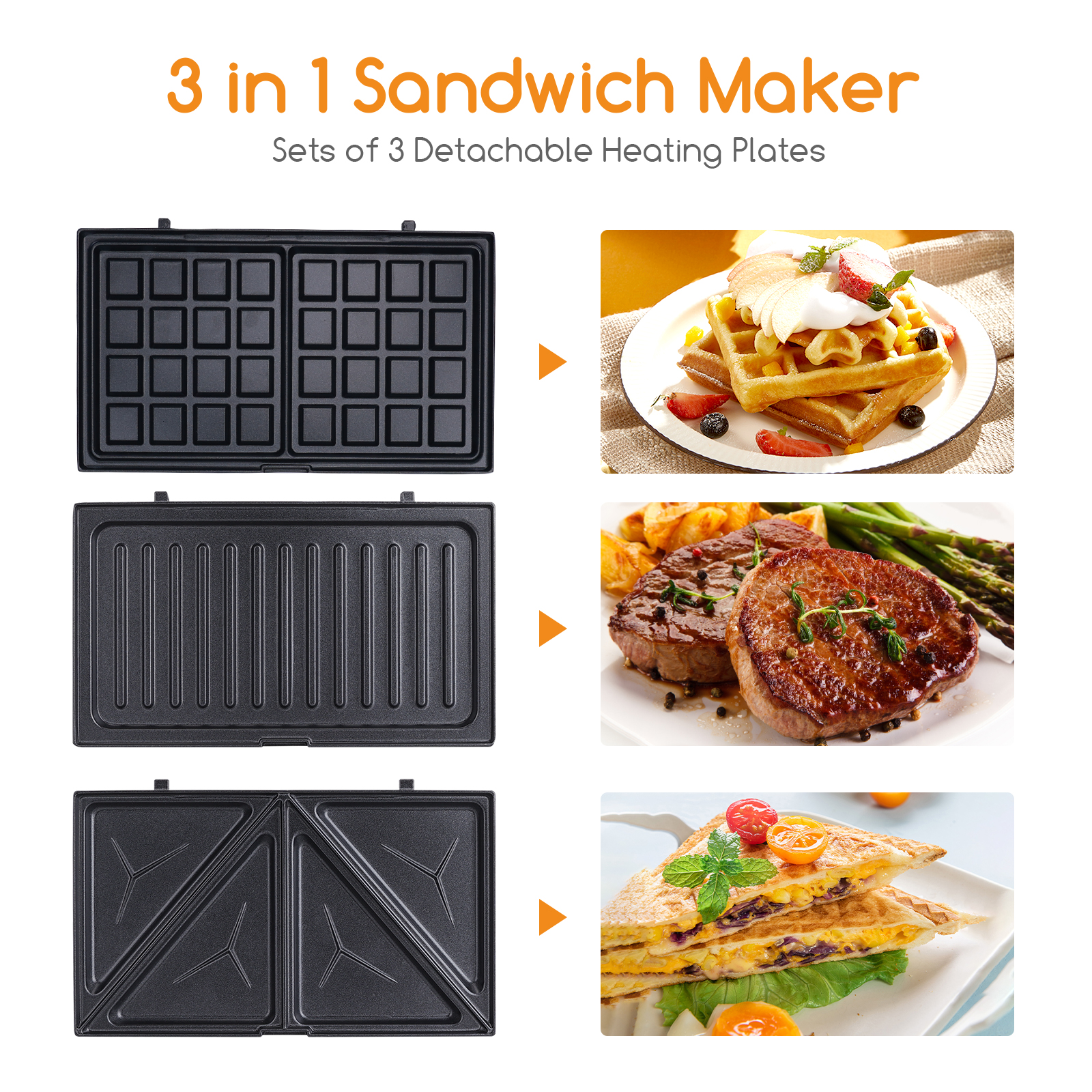 Sandwichera 3 en 1 con placas para gofres, bistec y quesadillas.