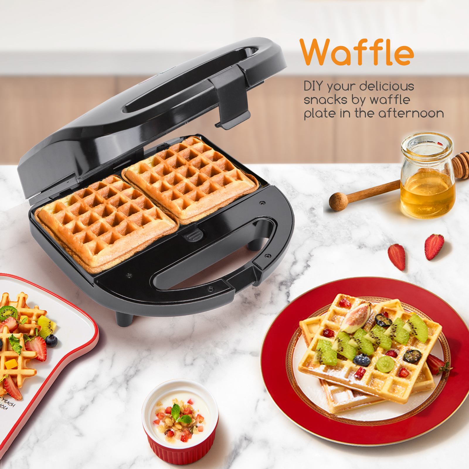 Máquina de hacer gofres con gofres, miel y fruta.