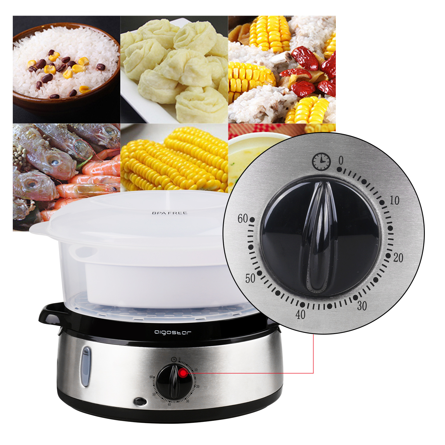 Vaporera eléctrica con comida, dial de temporizador e ingredientes en el fondo.