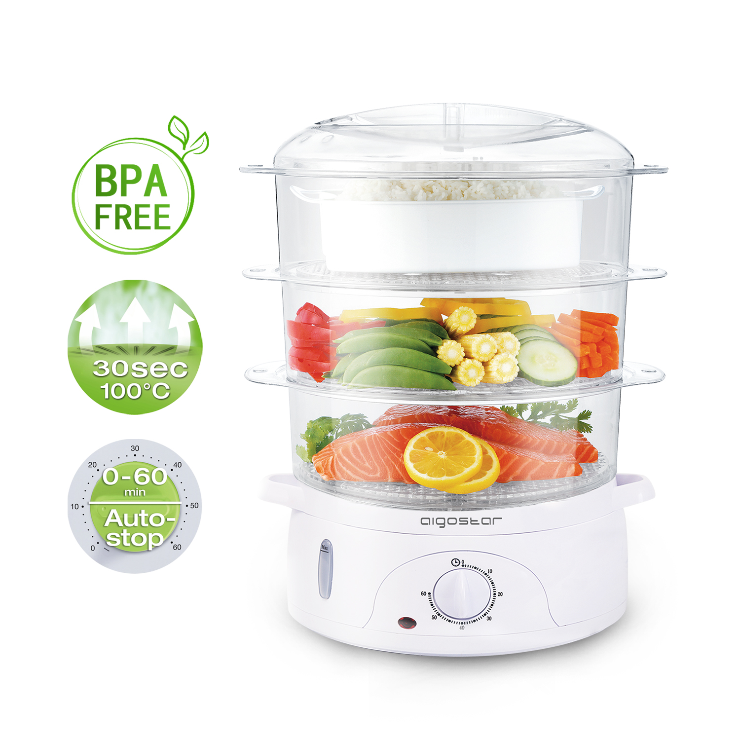 Vaporiera Aigostar bianca con tre livelli trasparenti contenenti cibo, con timer.