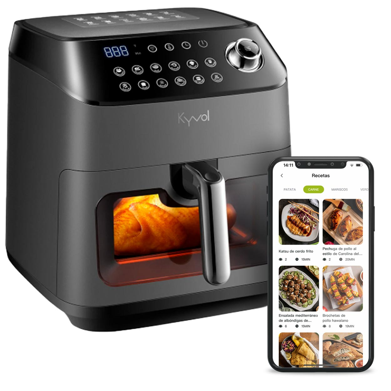 Freidora de aire con pantalla táctil, un teléfono con recetas y un pollo parcialmente visible dentro de la freidora.