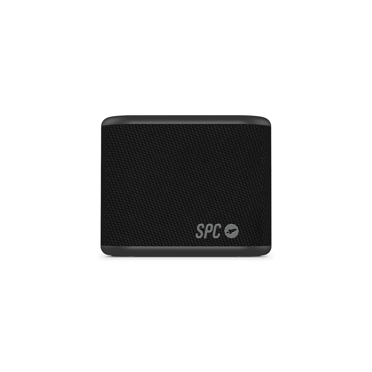 Altavoz SPC negro con logo. Forma cuadrada, diseño simple, sobre fondo blanco.