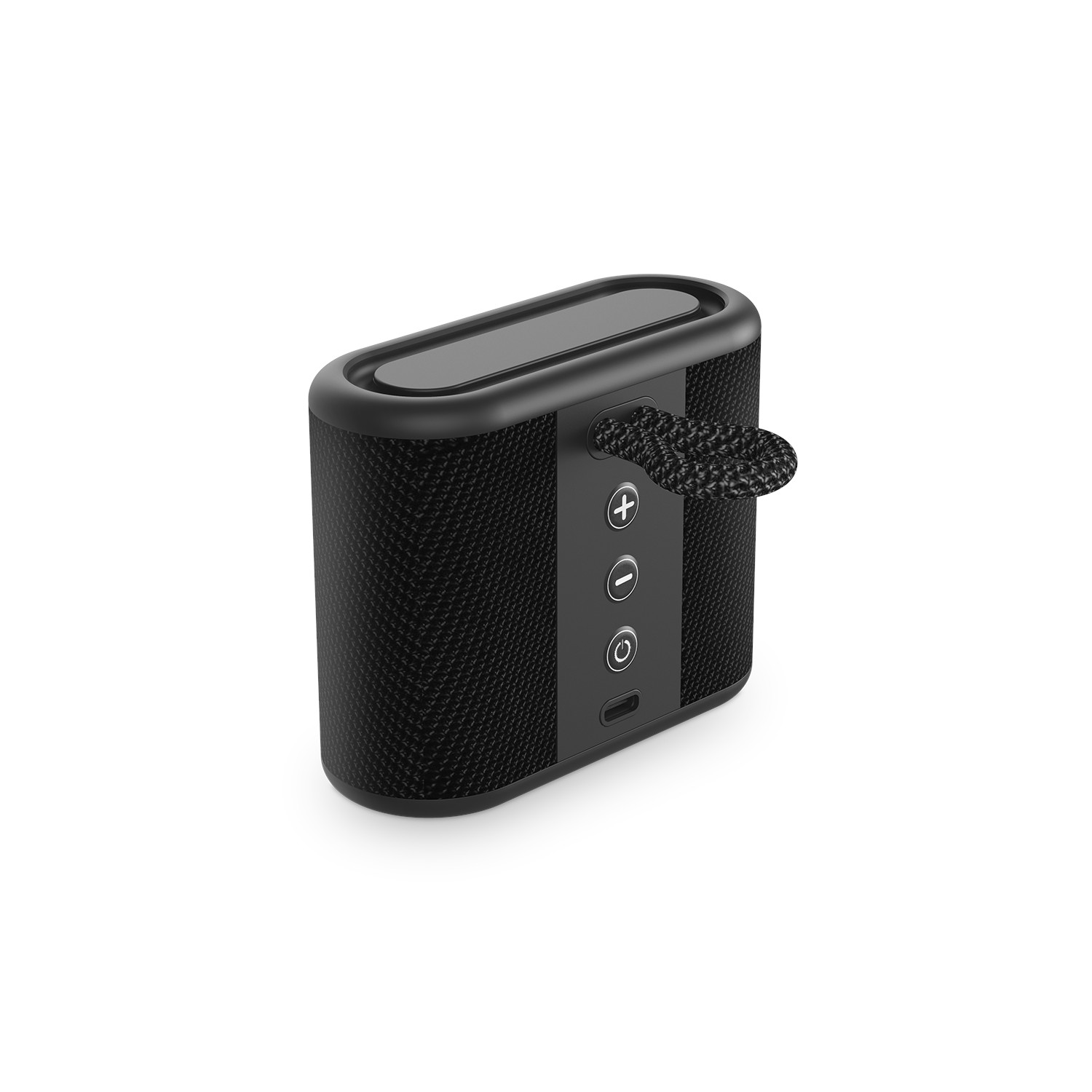 Un altavoz Bluetooth negro rectangular con botones de control y un lazo de tela, sobre un fondo blanco.