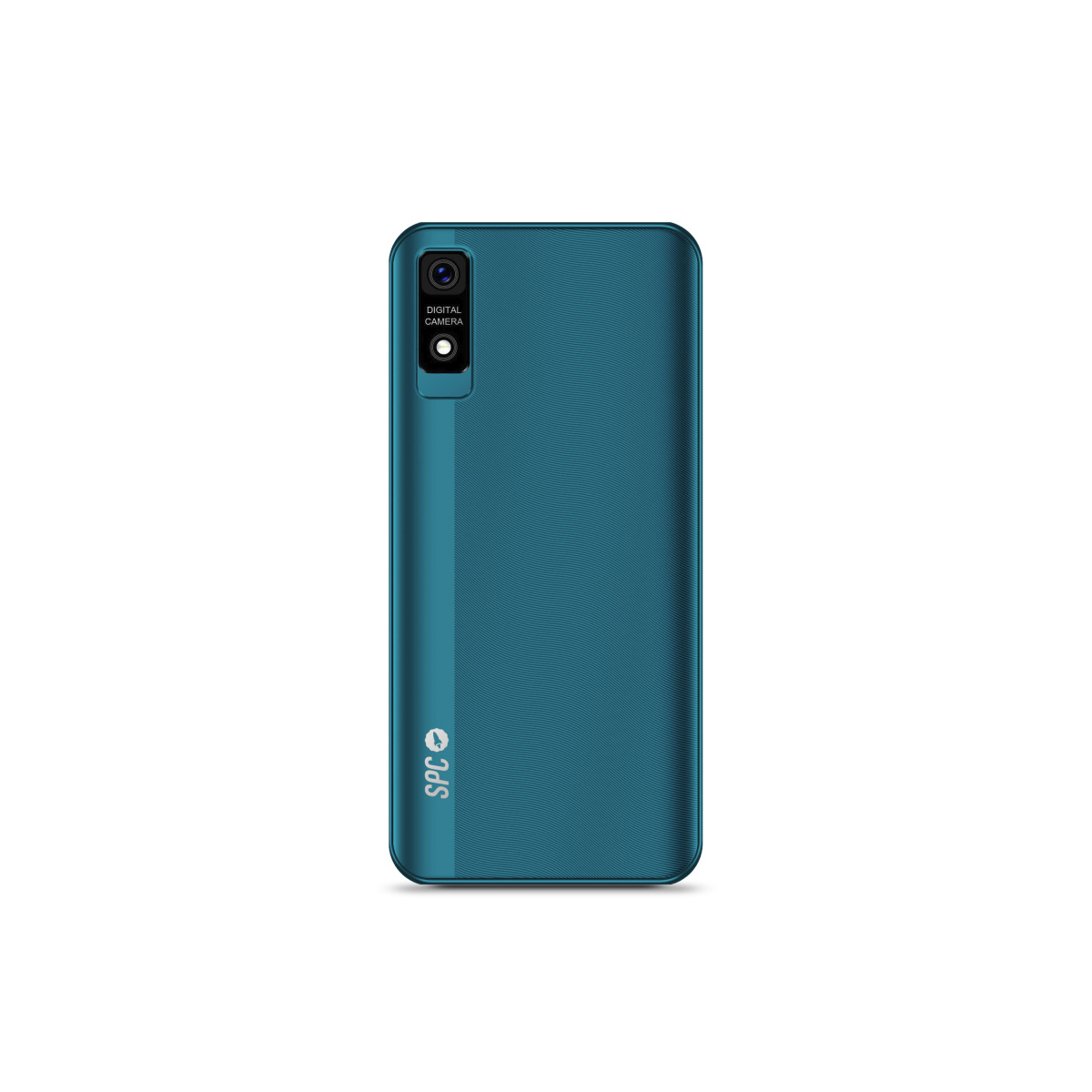 Türkisfarbenes Telefon, Rückansicht. Es hat eine Kamera und das 'SPC'-Logo unten. Einfarbig türkis.