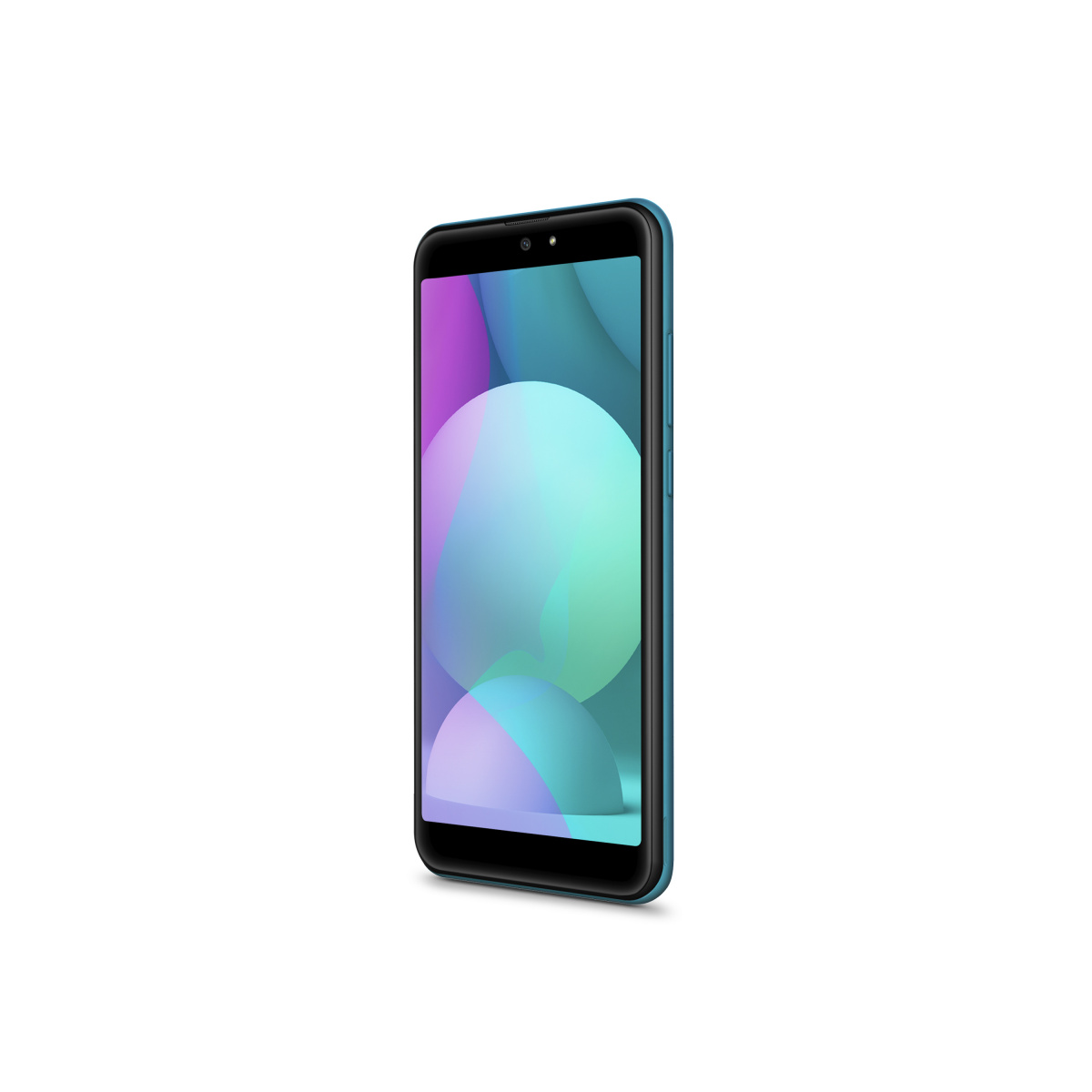 Türkisfarbenes Smartphone von der Seite, zeigt den Bildschirm mit farbenfrohem Hintergrund.