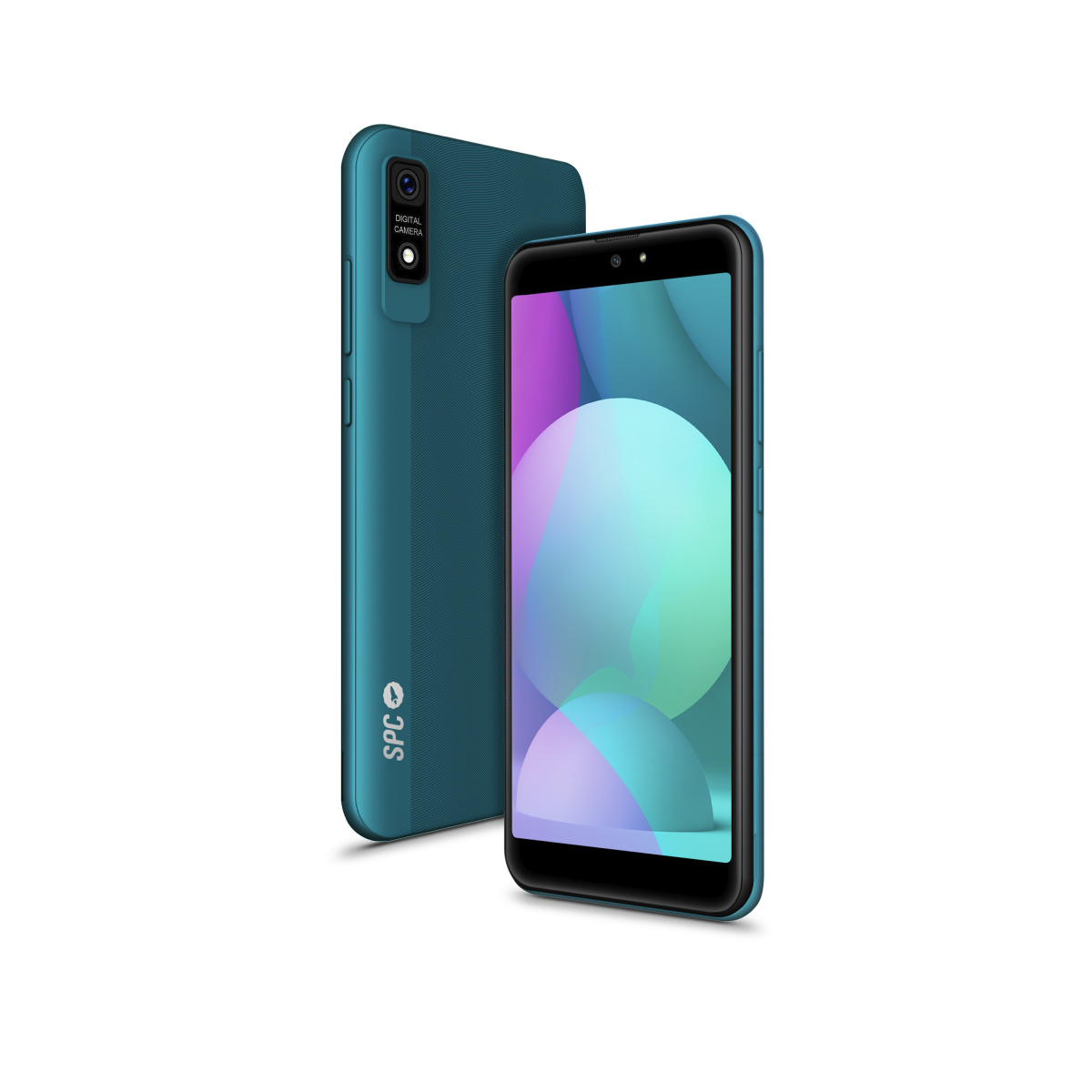 Türkisfarbenes Smartphone, zeigt zwei Seiten. Eine hat eine Kamera, die andere das SPC-Logo.