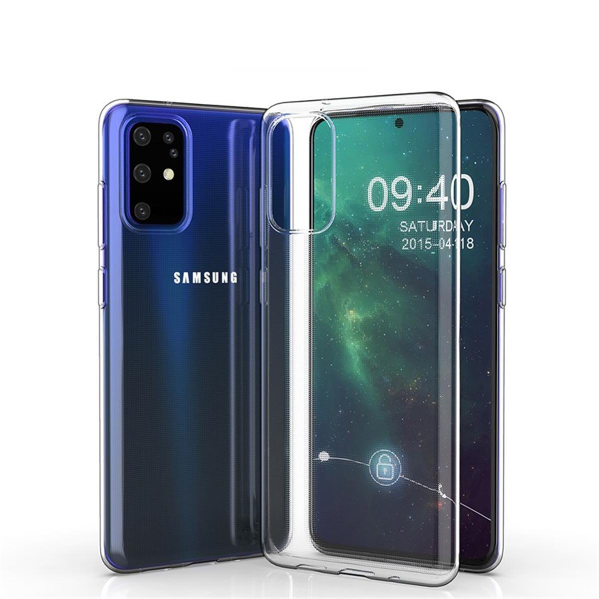 Ein Telefon mit einer durchsichtigen Hülle. Das Telefon ist blau und hat eine Zeitanzeige auf dem Bildschirm.