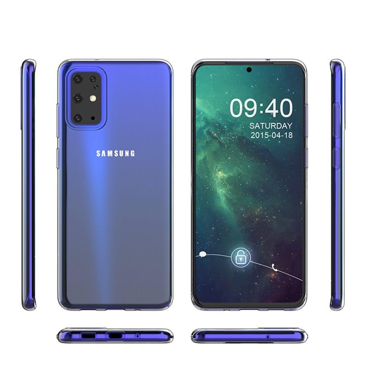 Eine Hand hält eine transparente Telefonhülle neben einem blauen Telefon. Das Telefon hat Farbe.