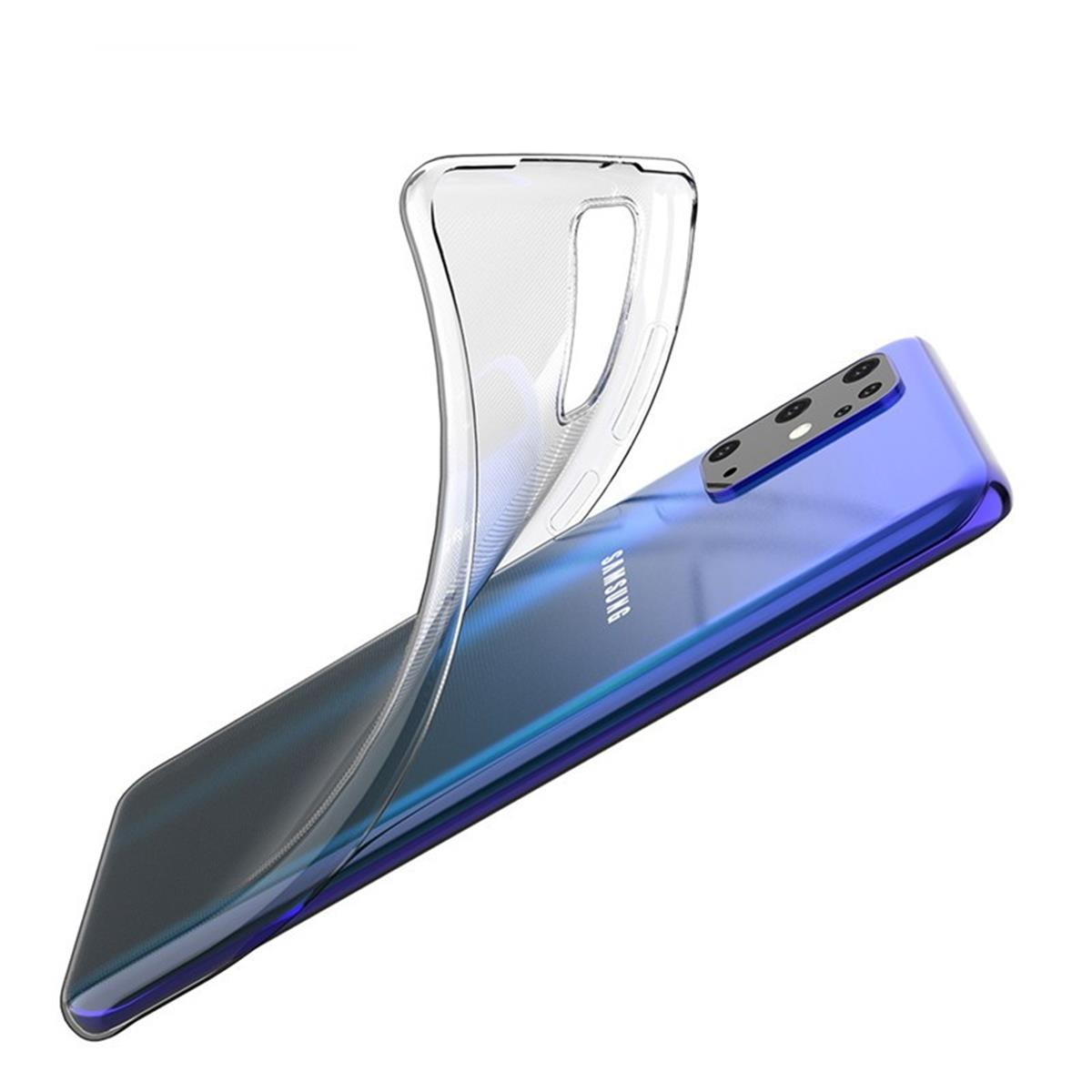 Eine transparente Handyhülle mit einem blauen Telefon darin. Die Hülle ist leicht über dem Telefon.