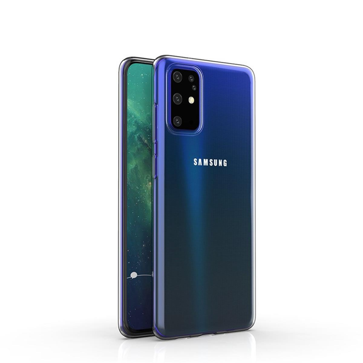 Klare Handyhülle auf blauem Telefon. Das Telefon hat eine Kamera und das Samsung-Logo.