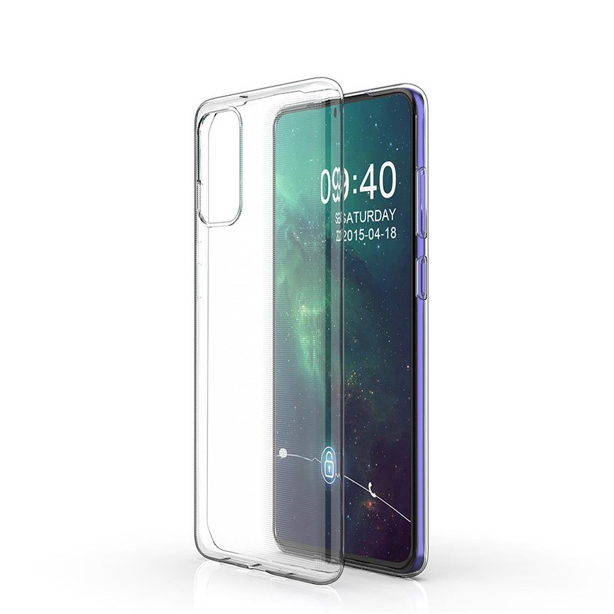 Eine transparente Handyhülle mit einem Telefon darin, das den Bildschirm mit der Uhrzeit zeigt.