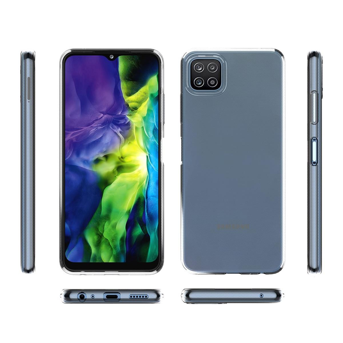 Handyhüllen-Set: Vorder-, Rück- und Seitenansichten. Transparente Hülle auf blauem Telefon, weißer Hintergrund.