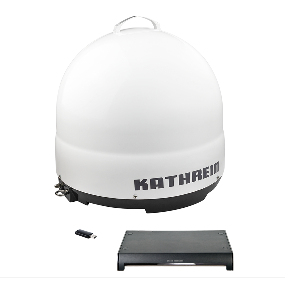 Weiße Satellitenschüssel mit schwarzem Sockel und Logo. Ein USB-Stick und ein kleiner schwarzer Ständer darunter.
