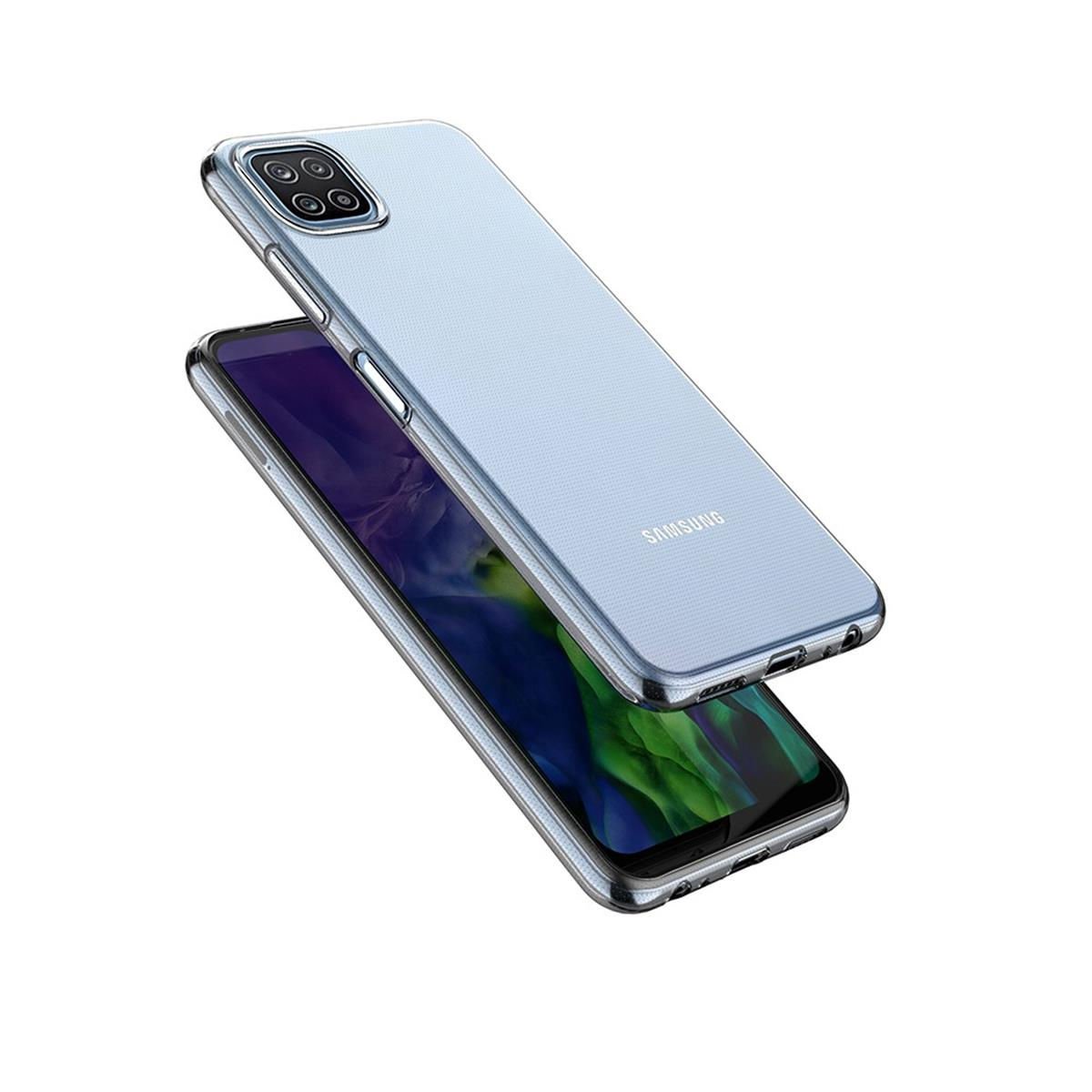 Blaue Handyhülle mit einem Telefon darin. Das Telefon hat einen bunten, abstrakten Hintergrund auf dem Bildschirm.