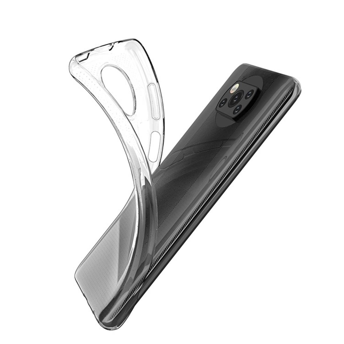 Eine transparente Handyhülle neben einem blauen Telefon mit Kameramodul.