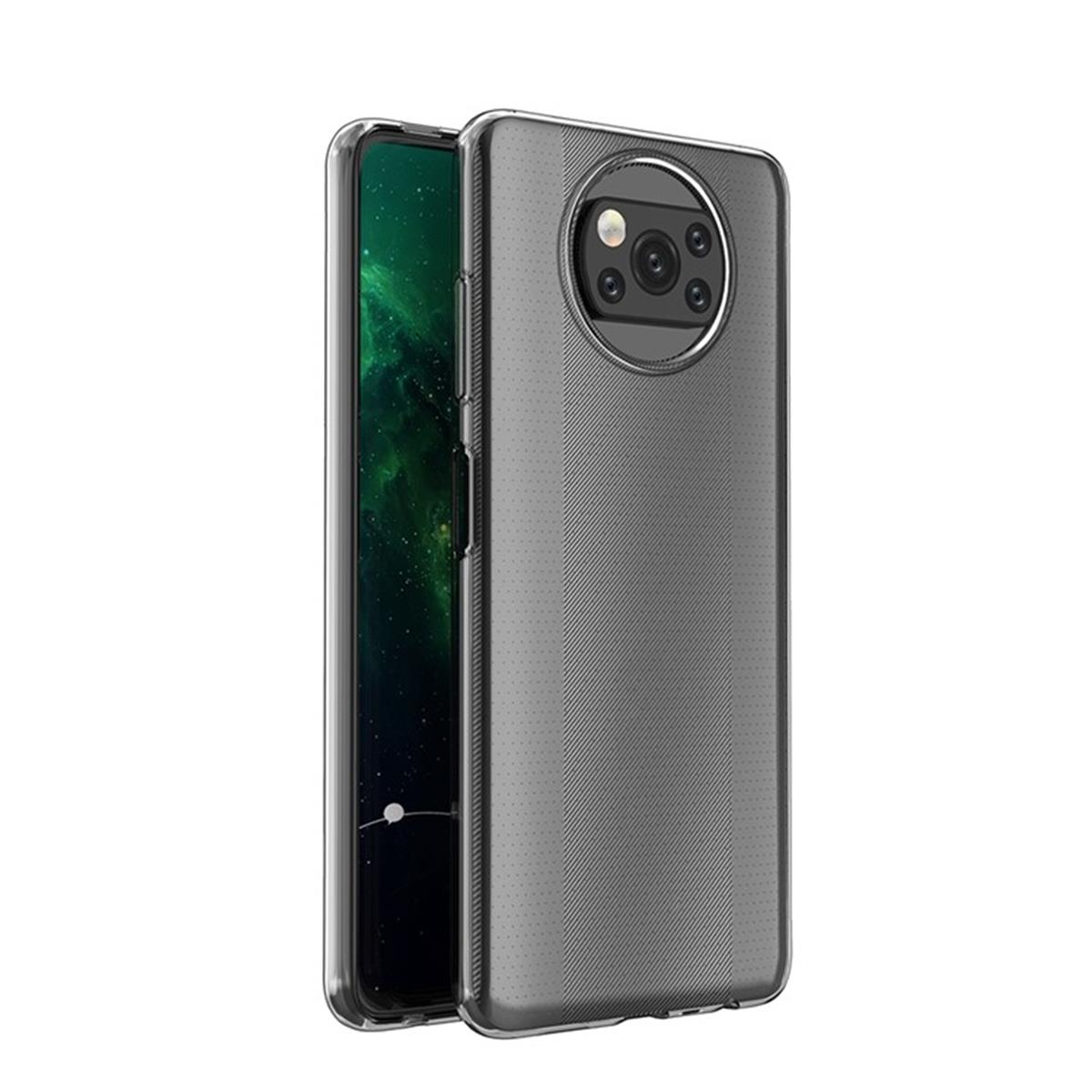 Eine transparente Handyhülle auf einem Telefon, die die Rückseite mit einer Kamera zeigt.