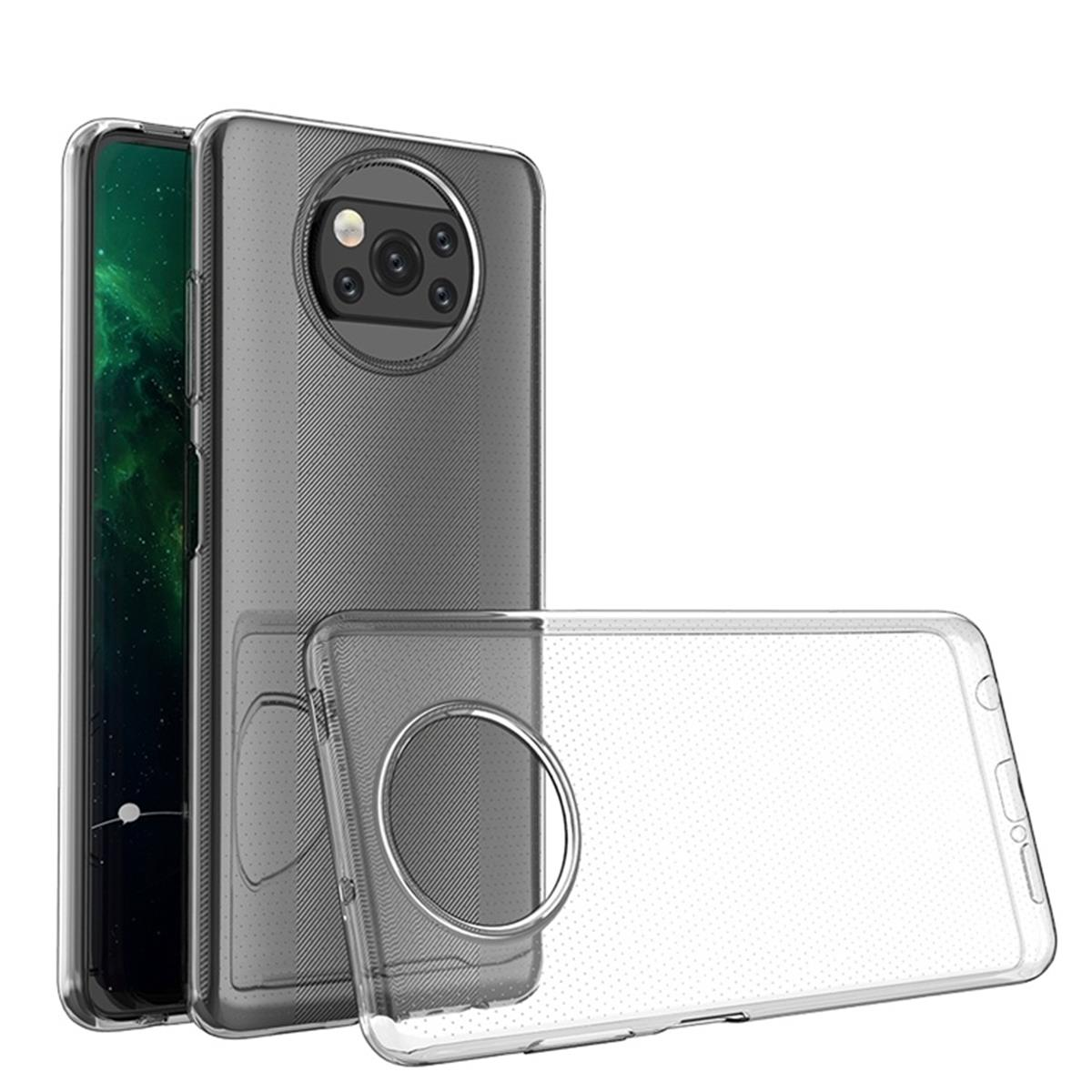 Transparente Handyhüllen, eine offen mit Telefon und eine weitere mit drei Kameras.