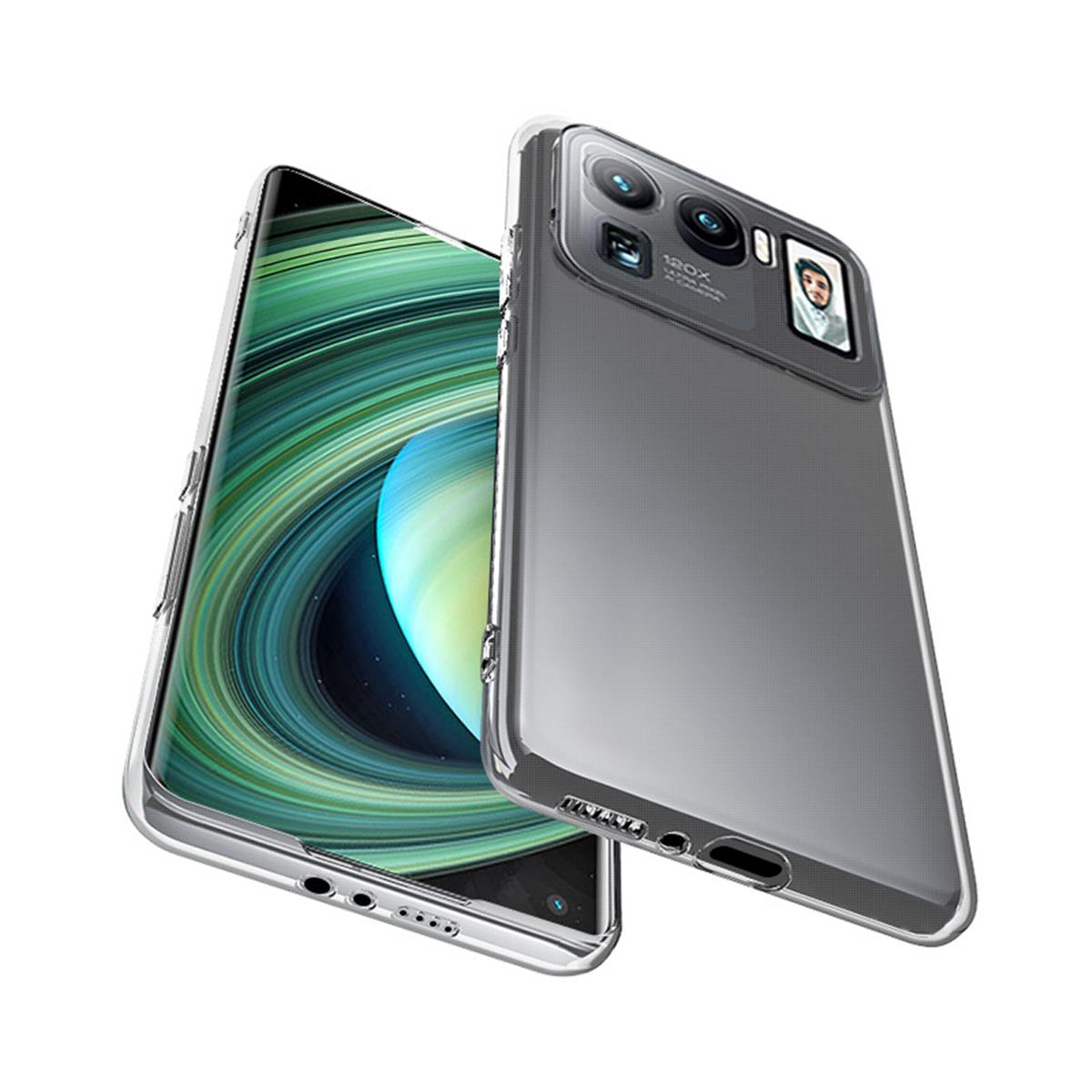 Eine transparente Handyhülle auf einem Telefon, die die Rückseite mit mehreren Kameras zeigt.