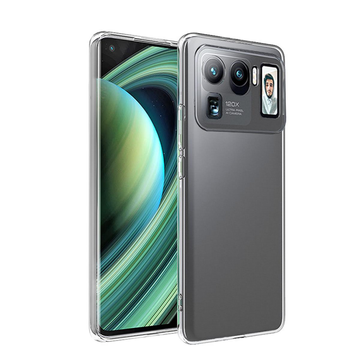 Ein Telefon in einer transparenten Hülle. Das Telefon hat eine Dreifachkamera. Der Hintergrund zeigt eine Textur in Grün und Blau.