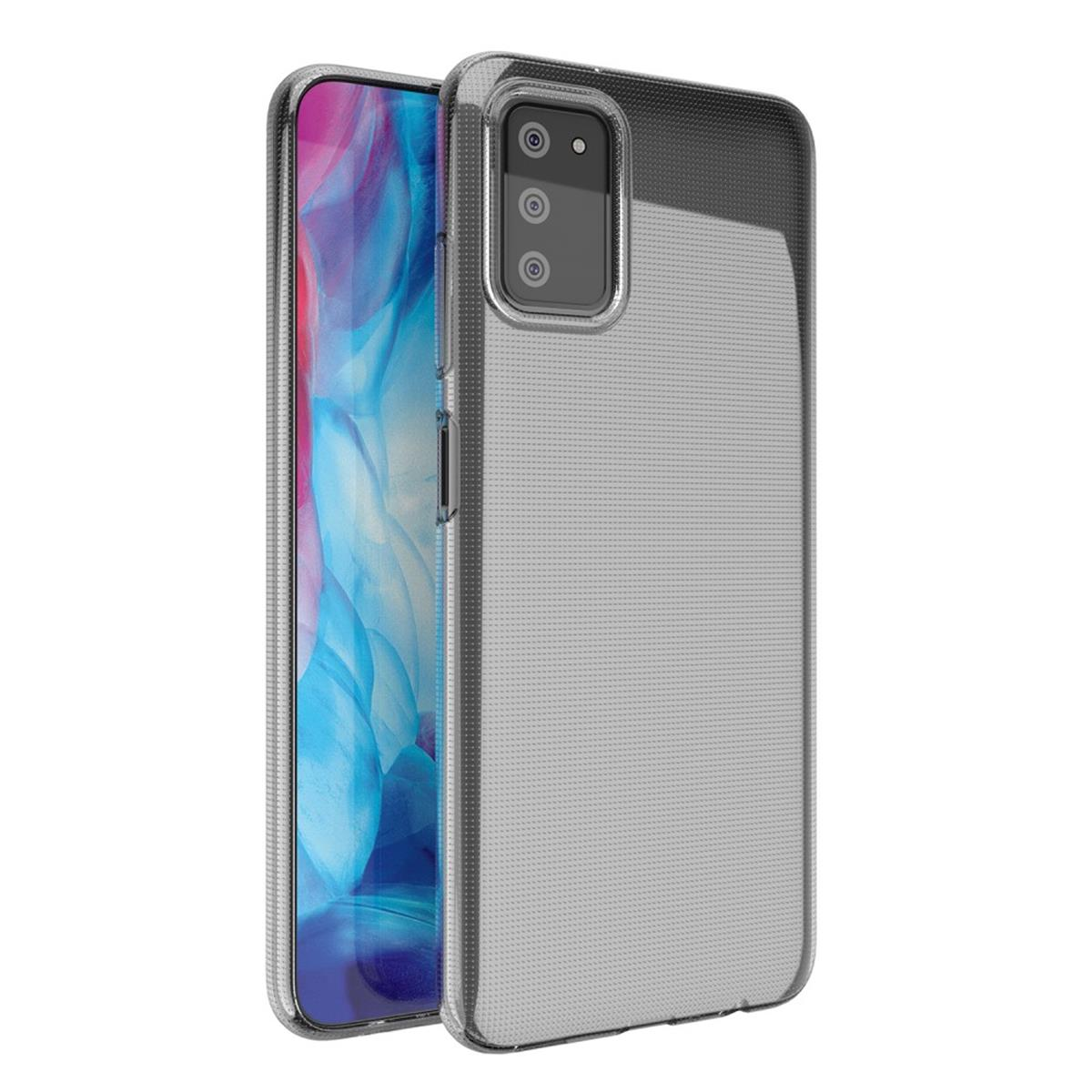 Transparente Handyhülle auf grauem Telefon. Drei Kameras auf der Rückseite.
