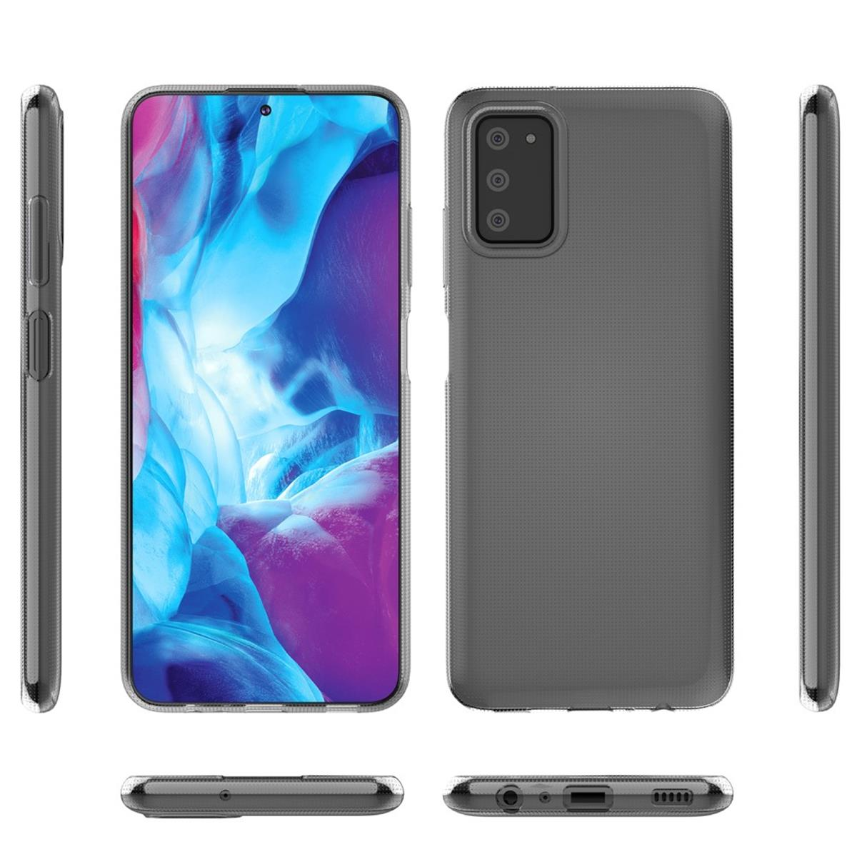 Telefon in grauem Gehäuse, mehrere Winkel. Graue Handyhülle, eine klare Displayschutzfolie.