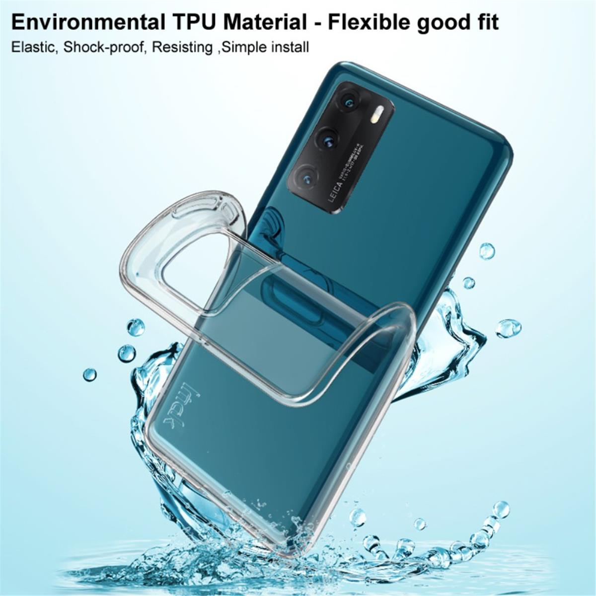 Ein Telefon in einer durchsichtigen Hülle ist von Wasserspritzern umgeben. Das Telefon ist türkis.