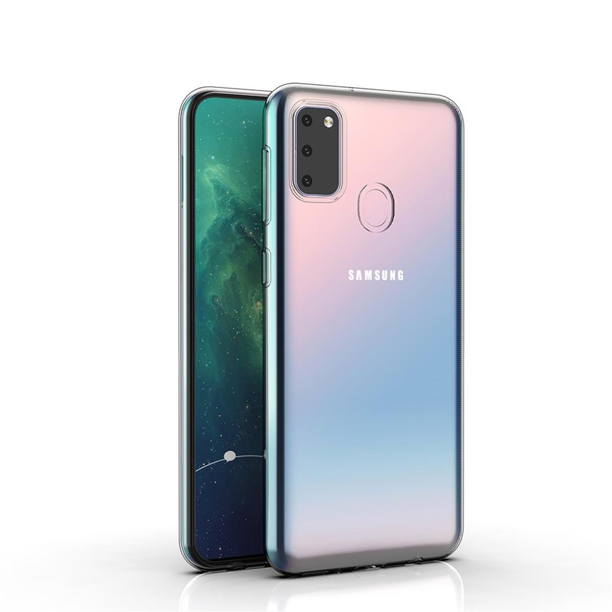 Transparente Handyhülle auf einem farbverlaufenden Telefon. Auf dem Telefon steht Samsung.