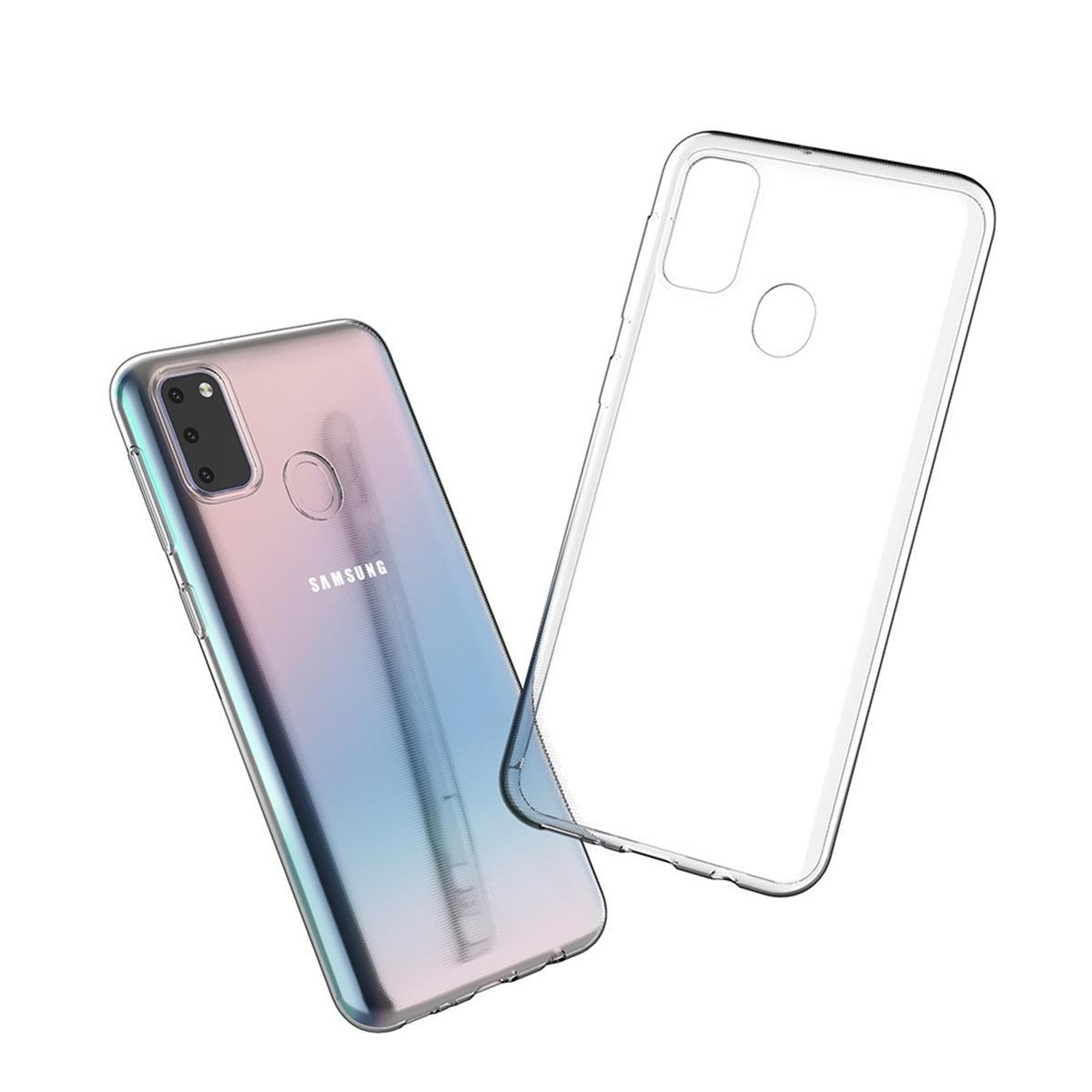 Zwei Handyhüllen. Eine ist transparent, eine andere liegt auf einem farbverlaufenden Telefon.