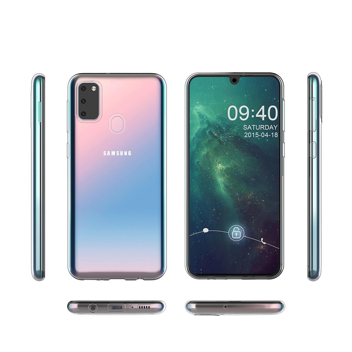 Transparente Hülle auf einem Telefon mit pink-blauem Farbverlauf. Seiten-, Ober- und Unteransicht.