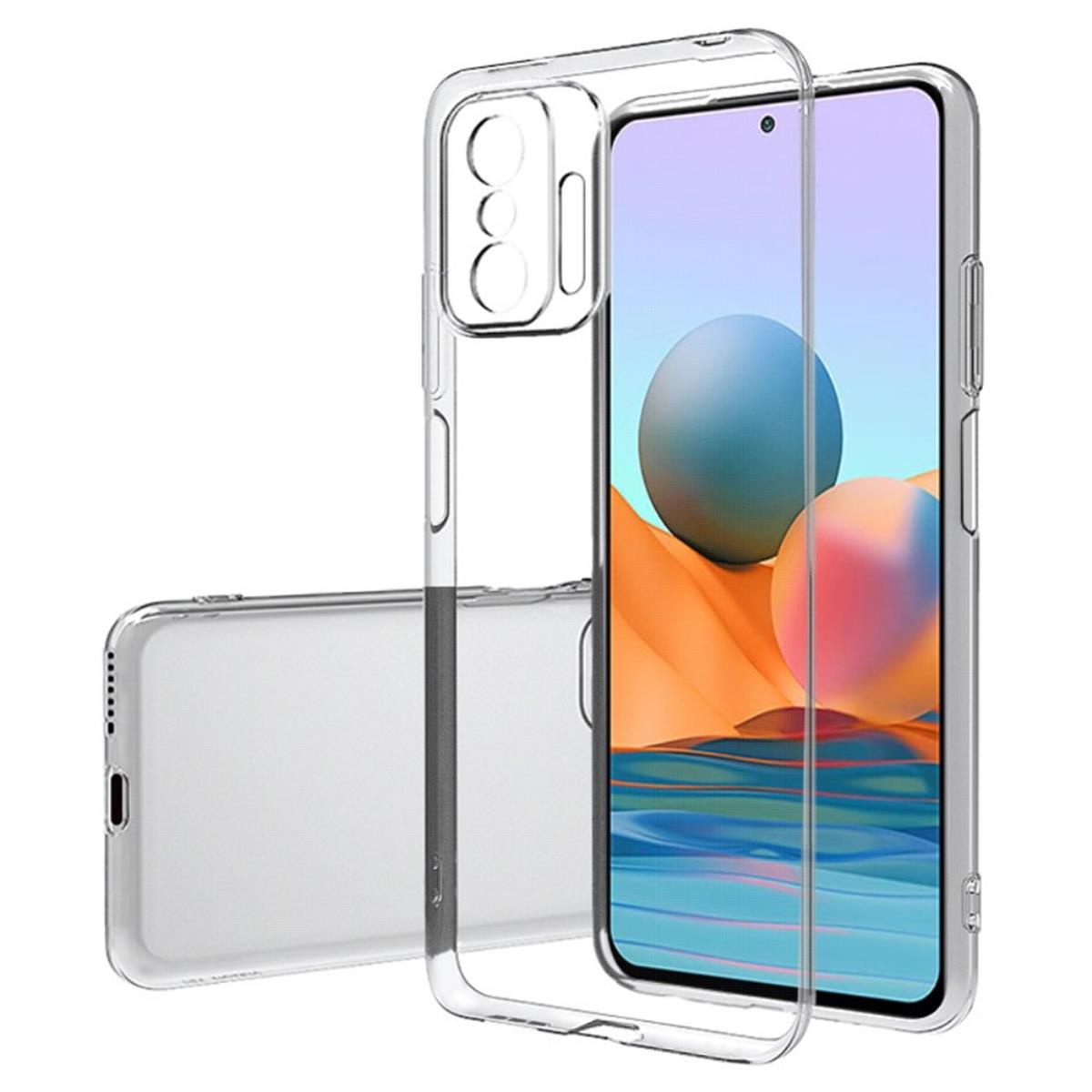 Eine transparente Handyhülle mit einem Telefon darin. Das Telefon hat einen klaren Bildschirm und eine Kamera.