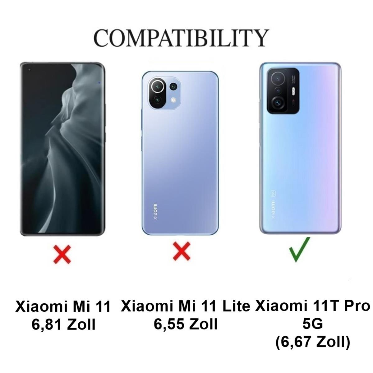 Vergleich von drei Xiaomi-Telefonen: Xiaomi Mi 11, Mi 11 Lite und Xiaomi 11T Pro 5G, mit Größenangaben.