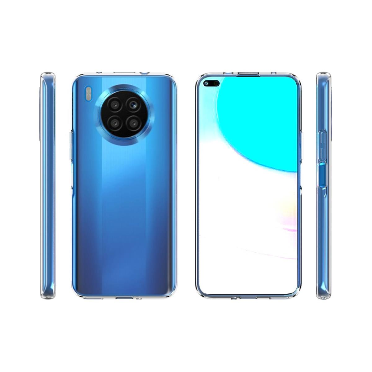 Vier Ansichten eines blauen Telefons in einer transparenten Hülle. Das Telefon hat eine Kameraausbuchtung.