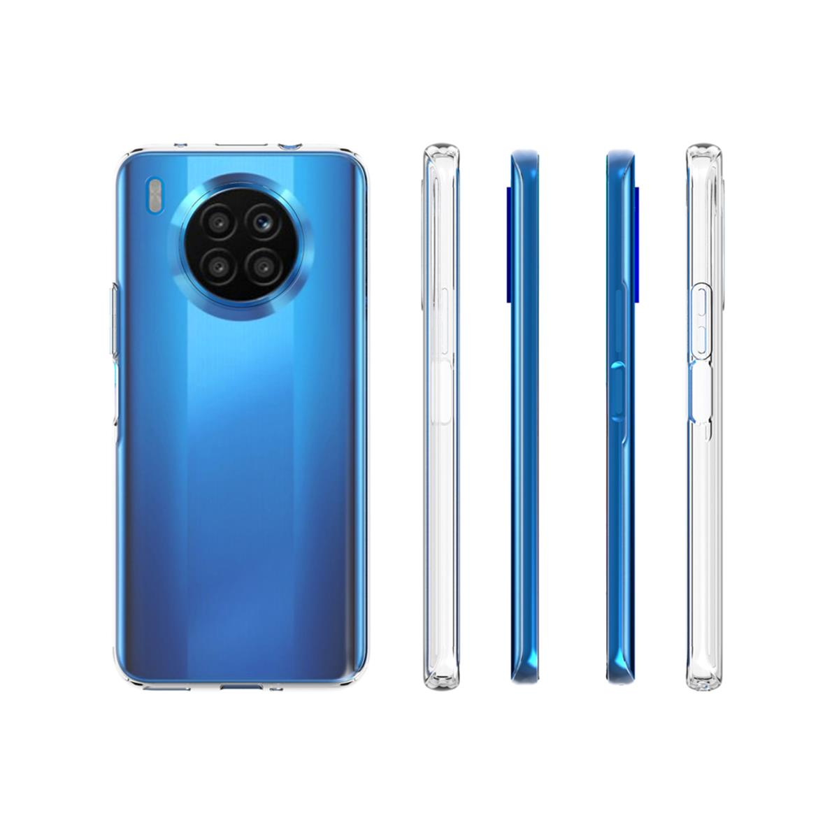 Telefon mit klarer Hülle und blauem Rücken. Verschiedene Ansichten.