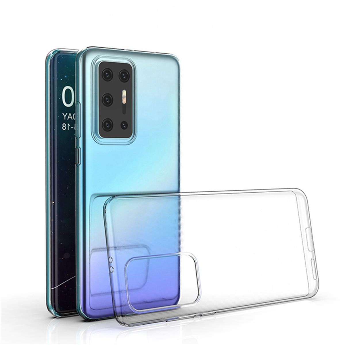 Blaues Telefon mit transparenter Hülle und einer weiteren Hülle. Weißer Hintergrund. Schräg gestellt.