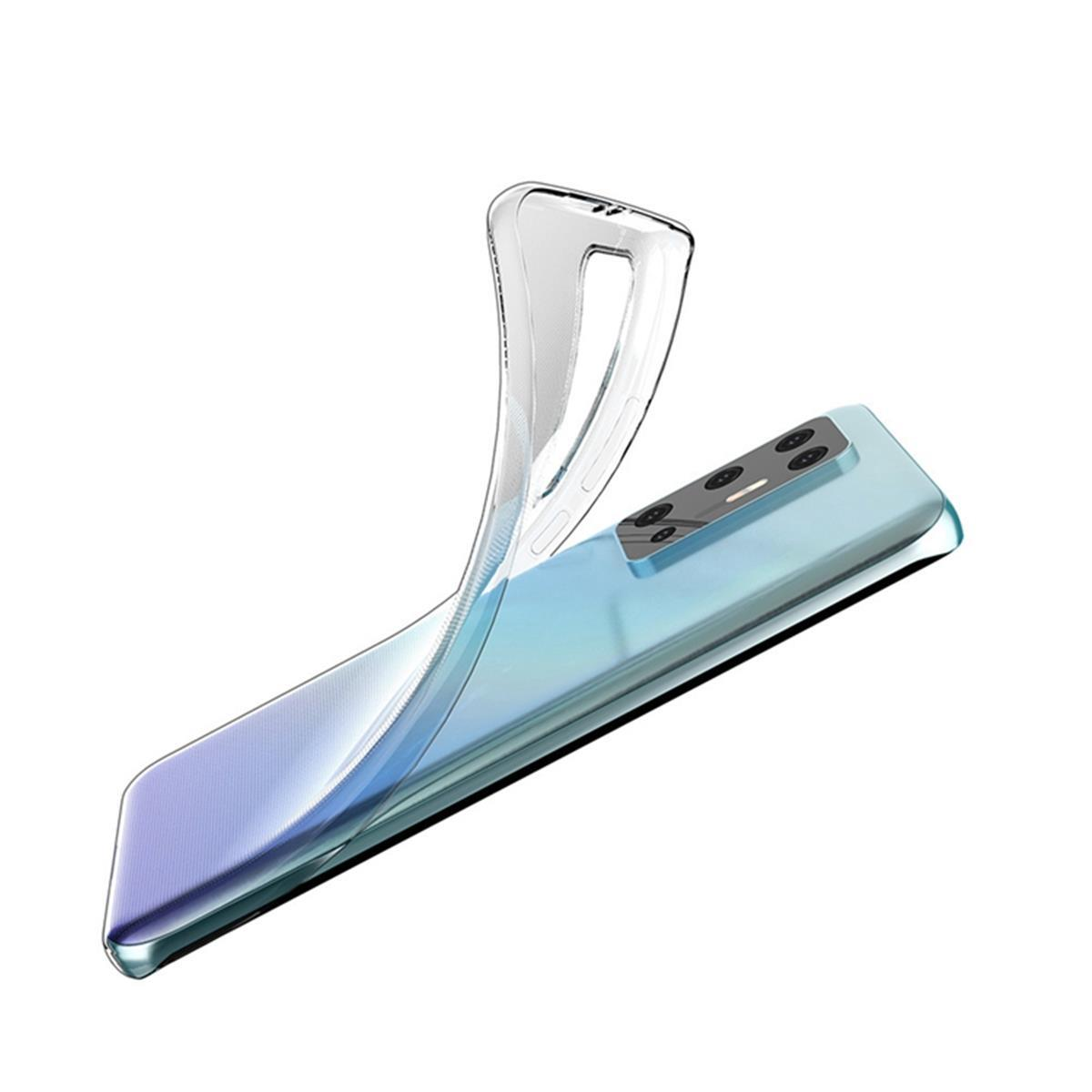 Transparente Handyhülle mit rotem Blättermuster auf pinkem Untergrund.