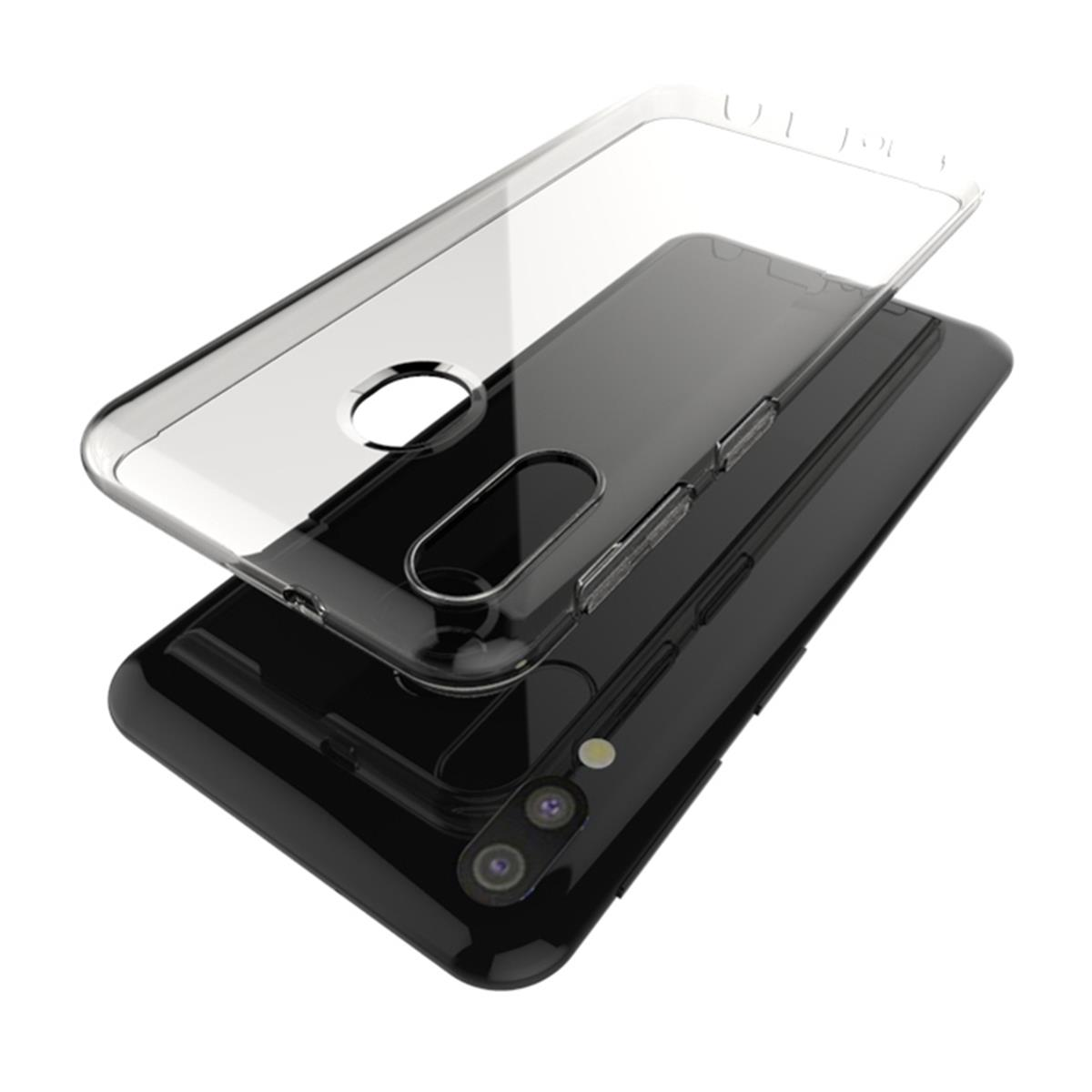Ein schwarzes Telefon mit durchsichtiger Hülle oben, abgewinkelt auf Weiß, zeigt Kameralinsen.