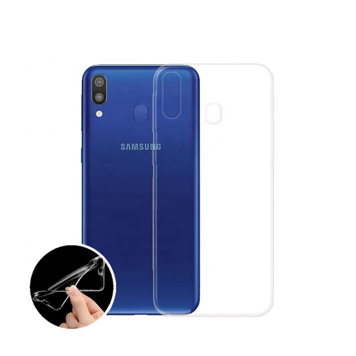 Ein blaues Telefon und eine transparente Handyhülle. Eine Hand hält die Hülle.