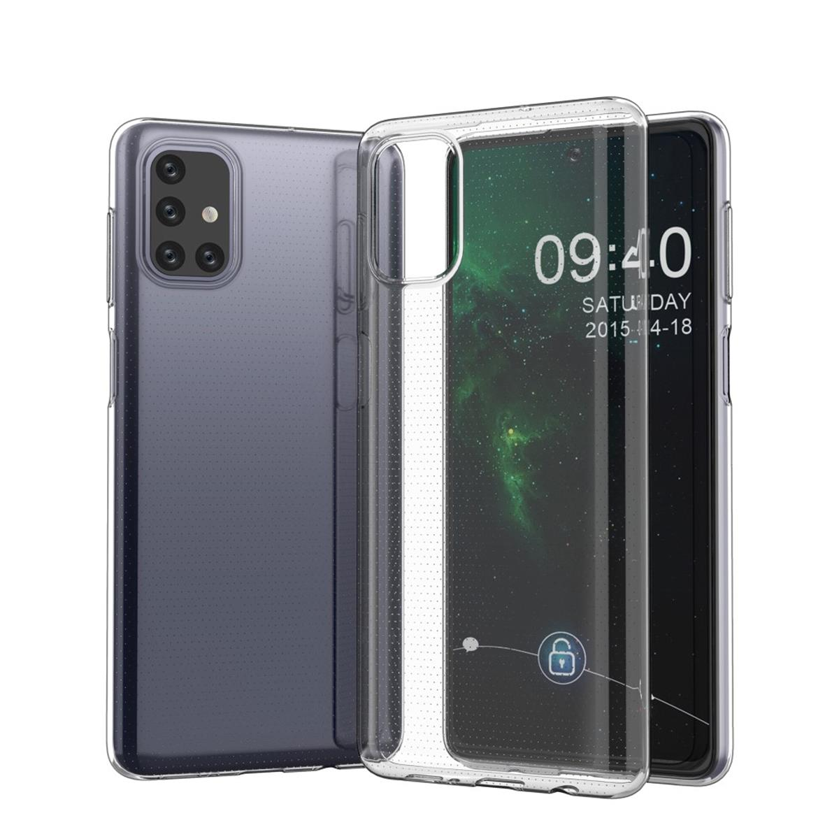 Ein Telefon mit klarer Hülle, das einen Sperrbildschirm mit Datum und Uhrzeit zeigt.