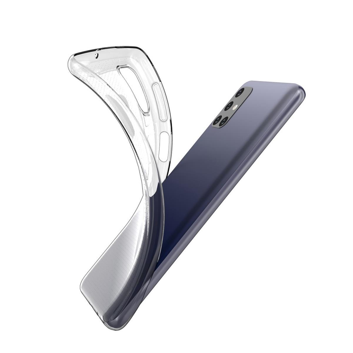 Eine transparente Handyhülle mit einem Telefon darin, vor weißem Hintergrund.